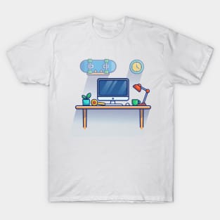 Table, Monitor, Plant, Cup, Lamp, Mouse, Skateboard And Clock Cartoon T-Shirt